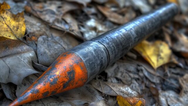 Video A baseball bat lying on the ground amidst fall leaves, perfect for use in sports or outdoor-themed contexts