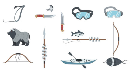 Hunting and Fishing Gear and Wildlife Illustration.