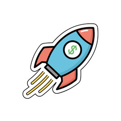 Minimalist Light Blue Rocket Ship With Red Fins And Dollar Sign Emblem Ascending With Yellow Exhaust Trails Against A Dark Background Sticker Style Vector Art