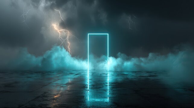 Neon glow portal on a wet, reflective ground with dramatic stormy clouds and intense lightning strikes above.