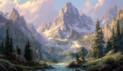 Majestic mountain range, snow-capped peaks, lush valley, tranquil river, artistic landscape painting