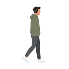 Man Wearing Headphones Walking in Profile with Modern Casual Clothing and White Sneakers on Black Background Minimalist Flat Illustration Style