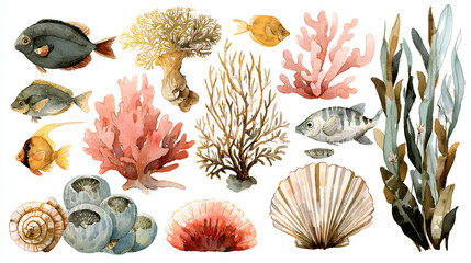 Marine set with corals, sea plants, sea sponges, shells and fishes. Watercolor isolated illustration of hand-drawn decorative elements for your design, collection of marine flora and fauna