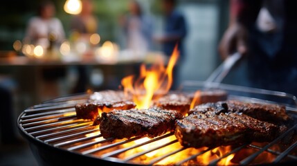 Juicy steaks sizzle on a grill flames dancing as friends enjoy a warm summer evening outdoors. Laughter and conversation fill the air at this lively gathering.