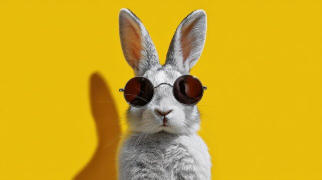 A fluffy rabbit poses confidently while wearing dark sunglasses. The bright yellow backdrop adds a cheerful vibe to the scene making it playful and eye catching.