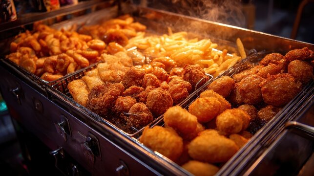 A variety of fried snacks is displayed at a night market food stall. Golden brown treats are deep fried filling the air with enticing aromas and drawing in hungry customers.