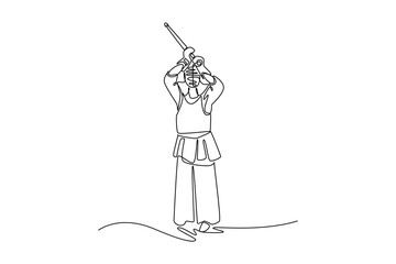 Single one line drawing man Kendo athlete standing in tall guard stance with bamboo sword (shinai) held high overhead. Discipline and readiness. Continuous line draw design graphic vector illustration