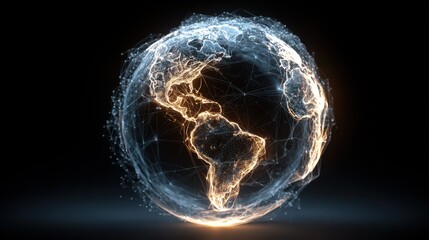 Global digital network connection concept with glowing earth sphere showing america, futuristic technology and data flow