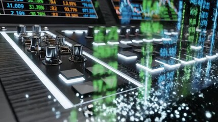 Digital data visualization displaying financial charts and graphs over a dark surface with illuminated controls and metallic elements - Powered by Adobe