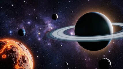 Planet alignment shows ringed giant and molten world. Ring encircles saturn planet with moon nearby. Molten planet glows with lava and crater surface. Nebula and star field frame galaxy backdrop. - Powered by Adobe
