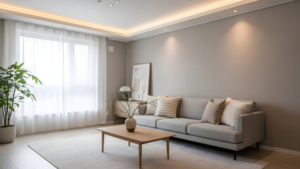 Fototapeta premium Scandinavian modern living room interior featuring a light gray sofa, wooden armchair, soft cushions, and large window lighting. Cozy and stylish atmosphere for lifestyle, home decor, and real estate 