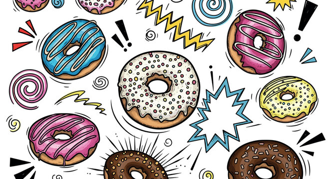 Colorful glazed donuts with sprinkles and icing in a fun pop art comic book style illustration with energetic graphic elements like swirls, zigzags, and exclamation marks