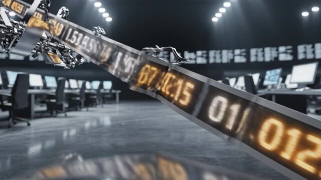 Digital stock ticker tape moving across a dark trading floor with blurred computer monitors and equipment in the background