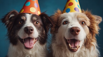 Two joyful dogs with fluffy fur sport festive party hats decorated with colorful dots. They sit side by side smiling widely creating a fun and lively atmosphere in a bright indoor space.