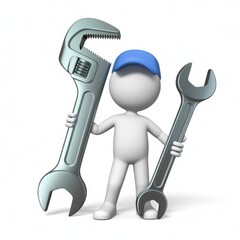 Friendly 3d stick figure mechanic holds large adjustable and open-end wrenches ready for repair services