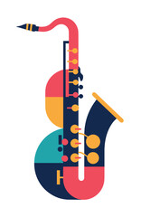 Colorful abstract saxophone illustration with a modern flat design style, featuring geometric shapes and a vibrant color palette of red, blue, and yellow for a jazz music concept