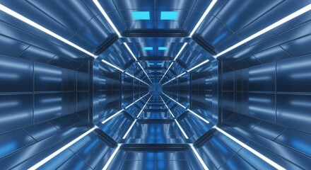 Hypnotic geometric tunnel of blue and white lights speeding forward abstract background