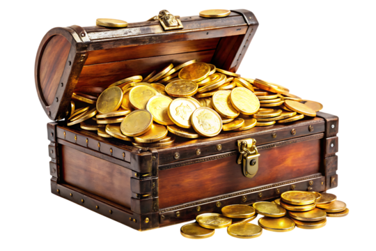 Treasure Chest with Gold Coins isolated on transparent background