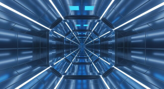 Hypnotic geometric tunnel of blue and white lights speeding forward abstract background