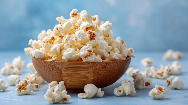 A large wooden bowl filled with fluffy white popcorn sits on a light blue table. Scattered popcorn pieces surround the bowl inviting everyone to enjoy a tasty snack during a fun movie night at home.