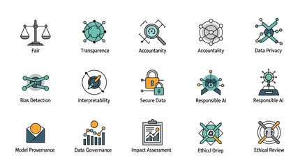 Ethical AI Concepts Icons Set.