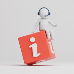Minimalist 3d rendering of a stylized person with headphones holding an information icon