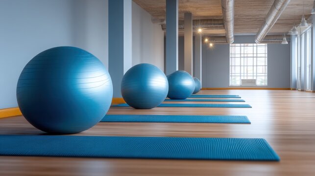 Spacious modern fitness studio with blue exercise balls on yoga mats and natural light streaming through large windows, inviting workout environment - Powered by Adobe