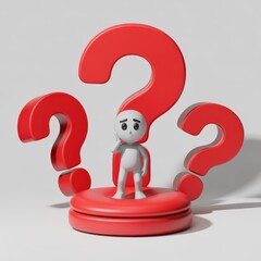 Small white figurine puzzled by giant red question marks in 3d render