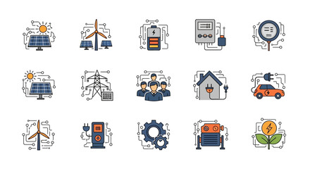 Set of Icons Representing Renewable Energy and Sustainable Technology Solutions.