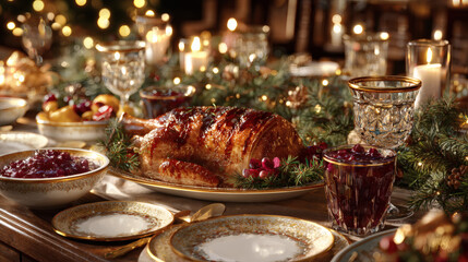 Festive holiday feast with roasted turkey and glowing candles creates a warm, inviting atmosphere.