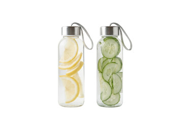 Two Pristine Glass Bottles with Cucumber and Lemon Slices on Transparent Background

