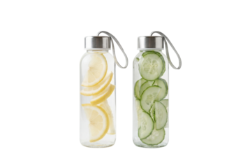Two Pristine Glass Bottles with Cucumber and Lemon Slices on Transparent Background