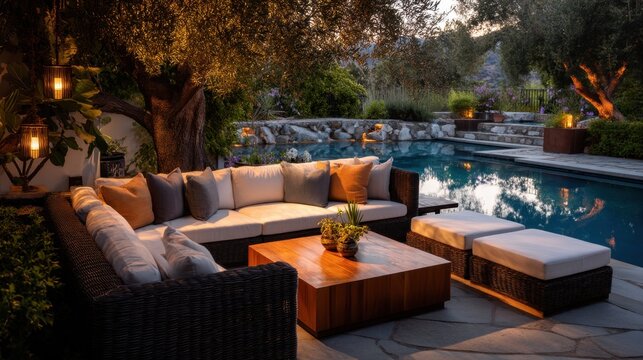 A tranquil outdoor space features a comfortable sectional sofa and coffee table near a shimmering pool. Soft lights illuminate the area creating a peaceful atmosphere.