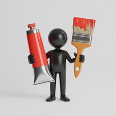 Minimalist 3d character holding paint tube and brush ready for artistic creation