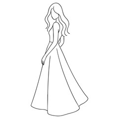 Minimal line art woman wearing a long flowing dress, elegant outline illustration