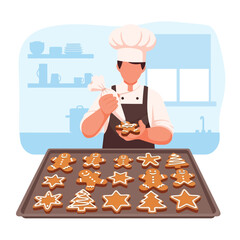 Cheerful chef decorating gingerbread cookies with icing for the holidays