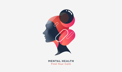 Mental Health Awareness: Woman silhouette, orange-pink gradient colors. Concept of calm, depression, anxiety, treatment, mental healthcare. Vector illustration for banners. Find Your Calm. Therapy