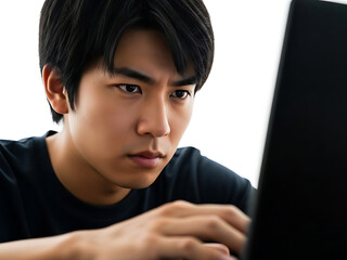 Young asian man with furrowed brows intently working on a laptop, close-up shot on white background, reflecting deep concentration