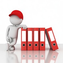 3d cartoon man in red cap leaning on red binders office organization business concept
