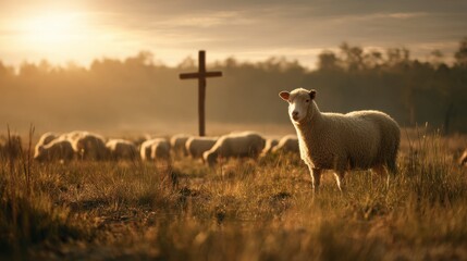 A sheep stands in a golden field surrounded by a flock. The sun sets softly in the background illuminating the rural landscape and a wooden cross nearby.