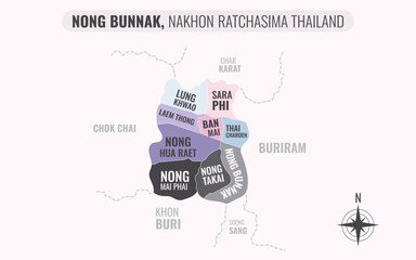 Map showing Nong Bunnak District Nakhon Ratchasima Thailand divided into sub-districts with minimalist colorful patterns