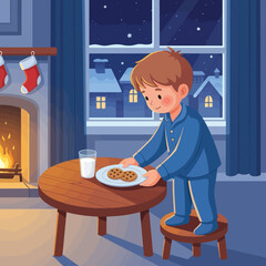 Adorable boy setting out cookies and milk for Santa on Christmas Eve
