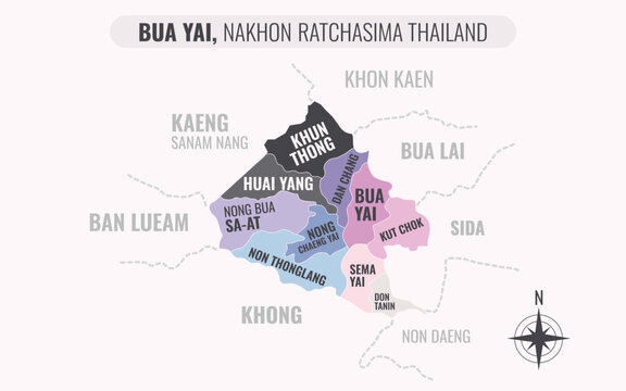 Map showing Bua Yai District Nakhon Ratchasima Thailand divided into sub-districts with minimalist colorful patterns