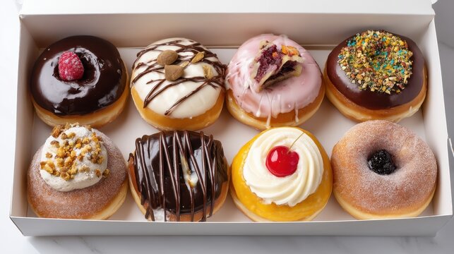 A selection of eight donuts is displayed in a white box. Each donut features unique toppings like sprinkles chocolate fruit and cream. The presentation highlights their vibrant colors and textures.