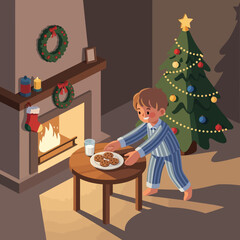 Boy setting out milk and cookies for Santa near Christmas tree cartoon