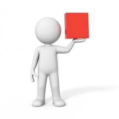 Simple 3d white stick figure holding a red square block against a white backdrop