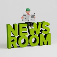 3d news room character sitting on bright green text reading a newspaper