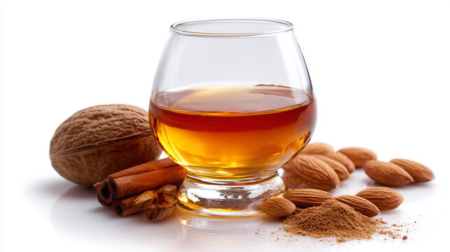 Amaretto beside a pile of almonds on a white backdrop. luxury, snacking, and simple, healthy indulgence suitable for food, lifestyle