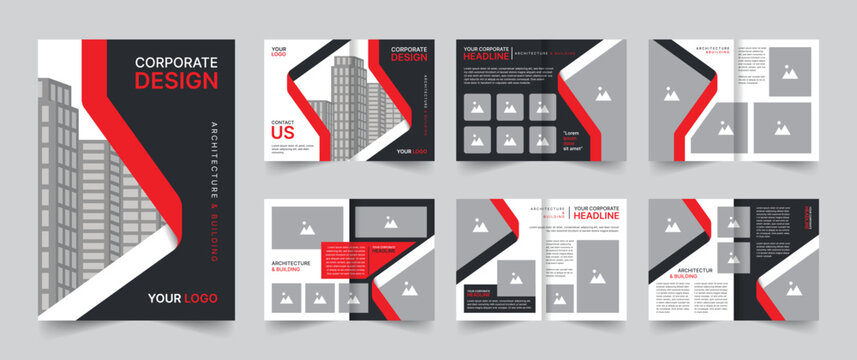 Corporate business or architecture brochure template design. 12 page brochure layout design vector illustration