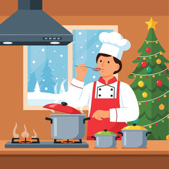 Festive chef tasting delicious holiday soup near Christmas tree at home